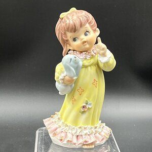 Lefton Figurine Ponytail Girl Yellow Nightgown Pink Ruffles Blue Puppy  TW-117